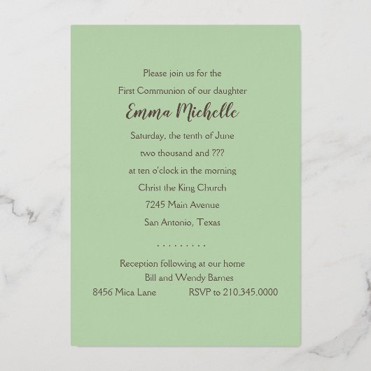 Invitation En Aluminium Première communion / Confirmation Mint Swirl Cross (Verso)