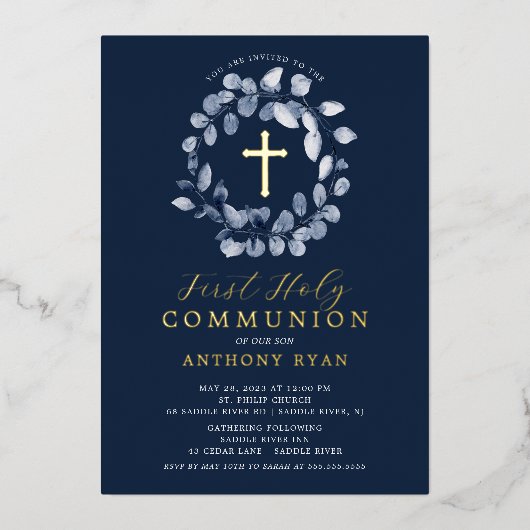 Invitation En Aluminium Première communion des garçons à feuilles bleues (Recto)