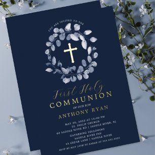 Invitation En Aluminium Première communion des garçons à feuilles bleues