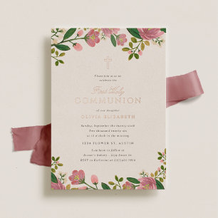 Invitation En Aluminium Première communion élégante rose pâle