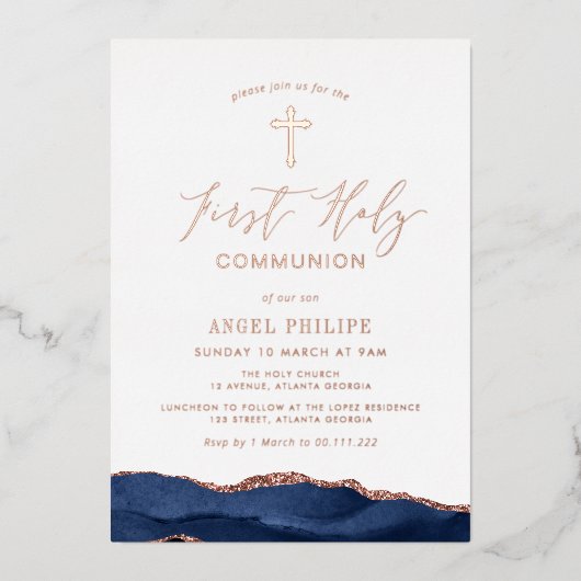 Invitation En Aluminium première communion en écriture agate bleue (Recto)