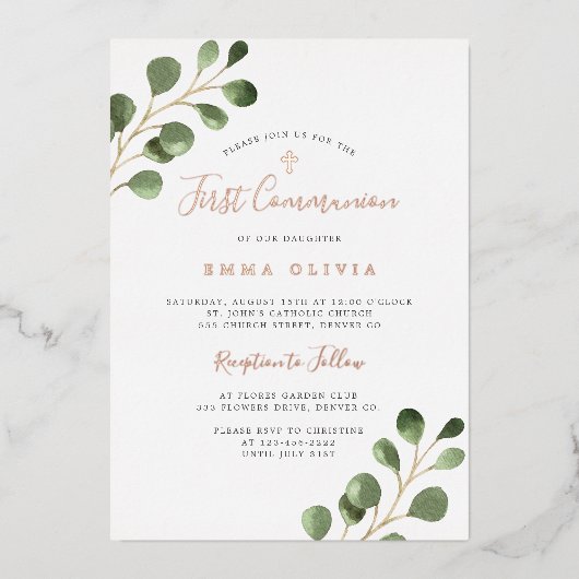 Invitation En Aluminium Première Communion eucalyptus élégant or rose (Recto)