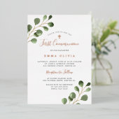Invitation En Aluminium Première Communion eucalyptus élégant or rose (Debout devant)