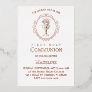 Invitation En Aluminium Première communion Eucharistie or rose