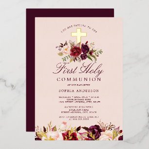 Invitation En Aluminium Première communion fille croix de Bourgogne floral