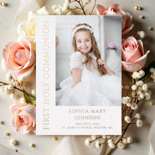 Invitation En Aluminium Première communion fille photo or rose moderne