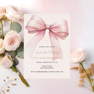 Invitation En Aluminium Première communion fille ruban rose crème