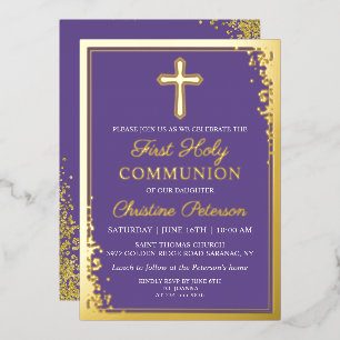 Invitation En Aluminium Première communion or véritable lavande violet