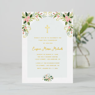 Invitation En Aluminium Première communion texte floral or moderne