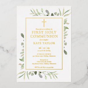 Invitation En Aluminium Première communion verte or