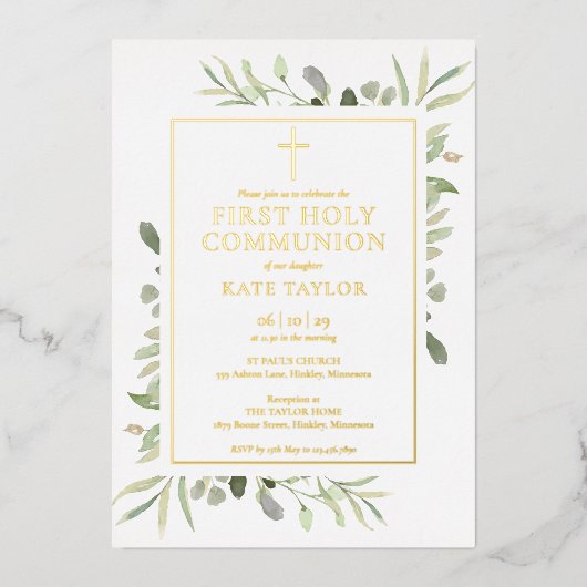 Invitation En Aluminium Première communion verte or (Recto)