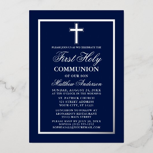 Invitation En Aluminium Première Croix de la Sainte Communion Marine Bleu  (Recto)