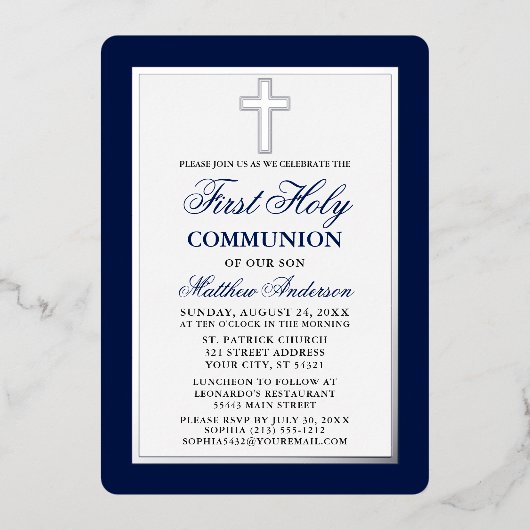 Invitation En Aluminium Première Sainte Communion Bleu Stripes Cadre Argen (Recto)
