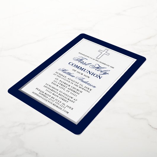 Invitation En Aluminium Première Sainte Communion Bleu Stripes Cadre Argen (Rotation)