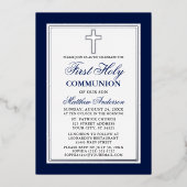 Invitation En Aluminium Première Sainte Communion Bleue Stripes Croix Arge (Recto)