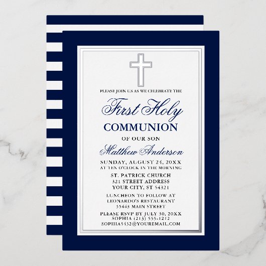 Invitation En Aluminium Première Sainte Communion Bleue Stripes Croix Arge (Recto/Verso)