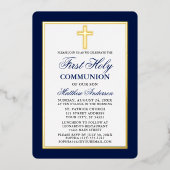 Invitation En Aluminium Première Sainte Communion Croix Bleu Stripes Gold (Recto)
