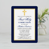 Invitation En Aluminium Première Sainte Communion Croix Bleu Stripes Gold (Debout devant)