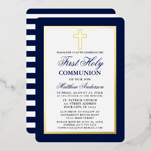 Invitation En Aluminium Première Sainte Communion Croix Bleu Stripes Gold (Recto/Verso)