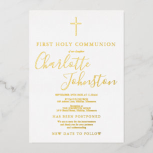Invitation En Aluminium Première sainte communion d'or reportée