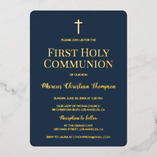 Invitation En Aluminium Première Sainte Communion élégante croix bleue or