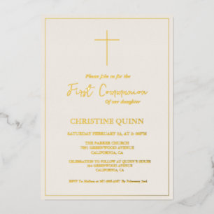 Invitation En Aluminium Première Sainte Communion élégante en ivoire et or
