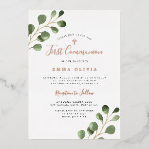Invitation En Aluminium Première Sainte Communion eucalyptus élégant rose 