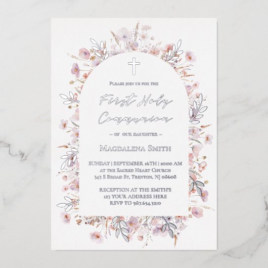 Invitation En Aluminium Première Sainte Communion fleurs sauvages argent (Recto)