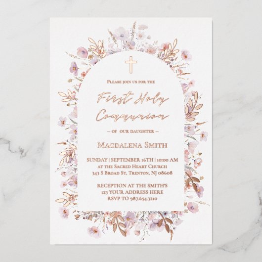 Invitation En Aluminium Première Sainte Communion fleurs sauvages argent (Recto)