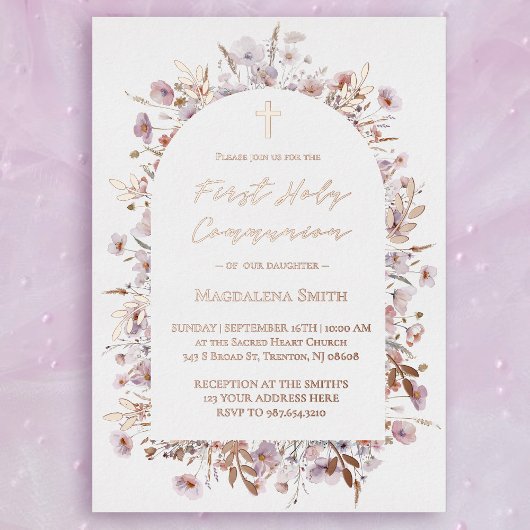 Invitation En Aluminium Première Sainte Communion fleurs sauvages argent