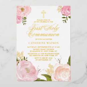 Invitation En Aluminium Première Sainte Communion Florale Rose Pivoine