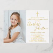 Invitation En Aluminium Première Sainte Communion Golden Script Photo (Recto)
