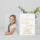Invitation En Aluminium Première Sainte Communion Golden Script Photo (Debout devant)