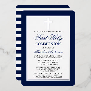 Invitation En Aluminium Première Sainte Communion Rayures Bleues Cadre Arg