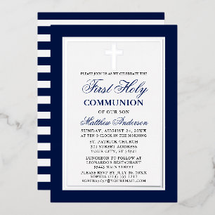 Invitation En Aluminium Première Sainte Communion Rayures Bleues Croix Arg