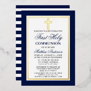 Invitation En Aluminium Première Sainte Communion Rayures Bleues Croix Or