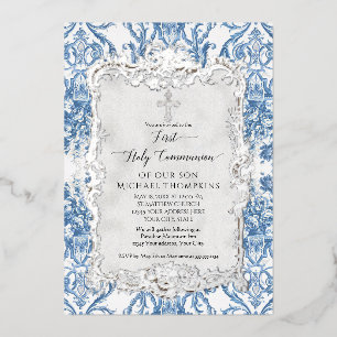 Invitation En Aluminium Première Sainte Communion Vintage Baroque Bleu Bla