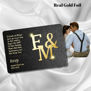 Invitation En Aluminium Premium Black Gold Monogramme Photo Leather Look F