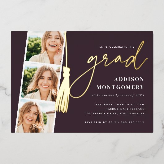 Invitation En Aluminium Prune | Gold Tassel Photo Strip Graduation Party (Recto)