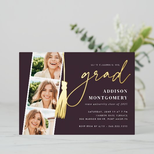 Invitation En Aluminium Prune | Gold Tassel Photo Strip Graduation Party (Debout devant)