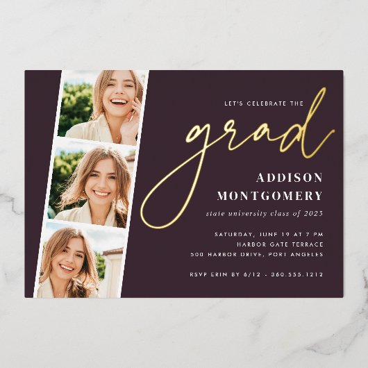 Invitation En Aluminium Prune | Photo Strip Graduation Party Gold (Recto)
