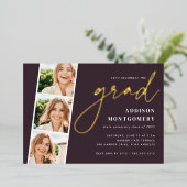 Invitation En Aluminium Prune | Photo Strip Graduation Party Gold (Debout devant)
