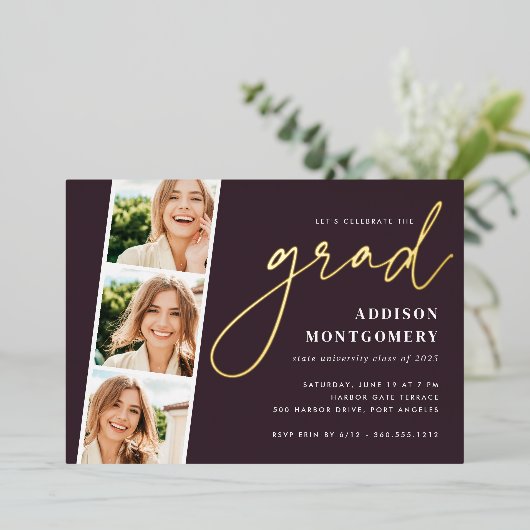 Invitation En Aluminium Prune | Photo Strip Graduation Party Gold (Debout devant)
