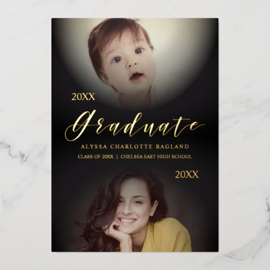 Invitation En Aluminium Puis et maintenant Moderne 2 Photos Graduation (Recto)