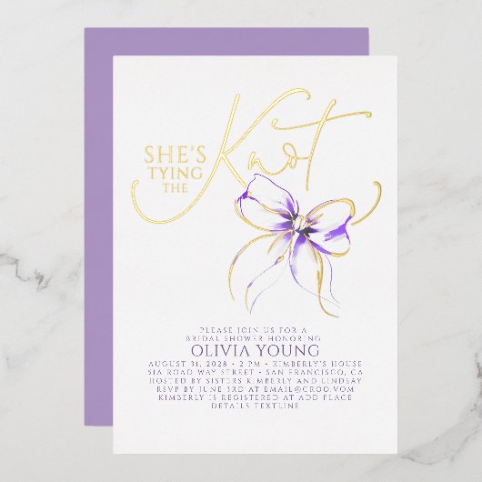 Invitation En Aluminium Purple Bow She's Tying The Knot Bridal Shower (Recto/Verso)