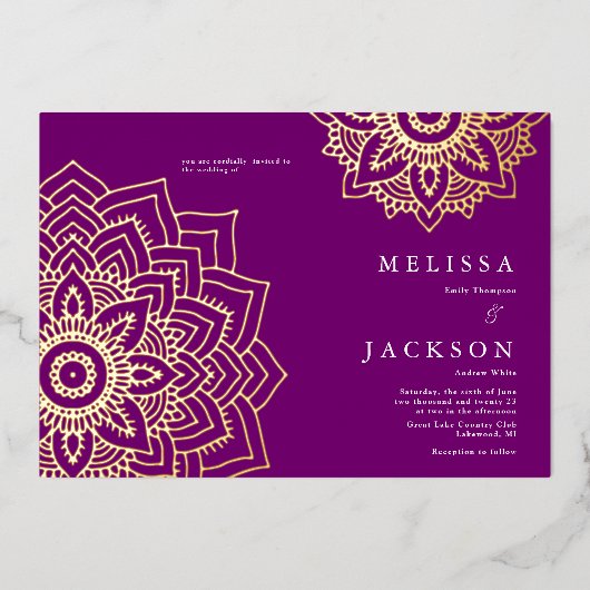 Invitation En Aluminium Purple Delicate Mariage de mandala en or (Recto)