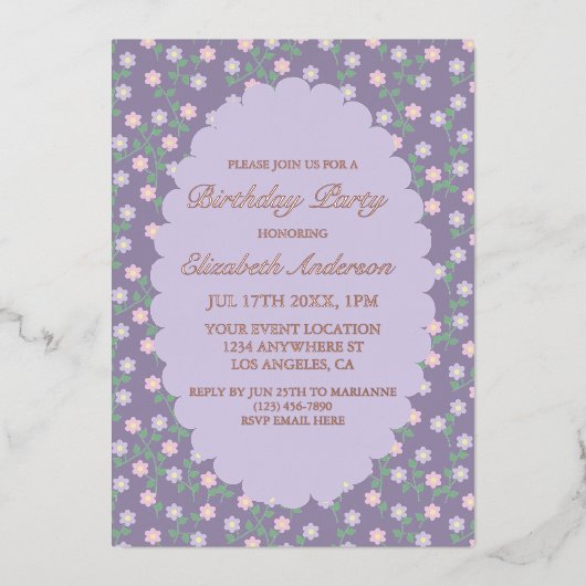 Invitation En Aluminium Purple Floral Birthday (Recto)