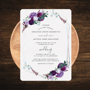 Invitation En Aluminium Purple Floral Élégant Rose or Mariage argent