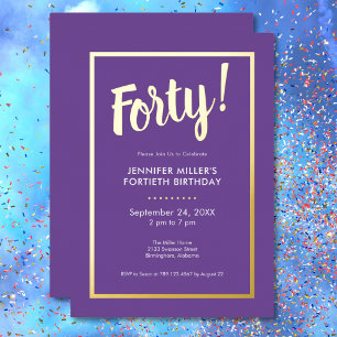 Invitation En Aluminium Purple & Gold Foil moderne 40e anniversaire