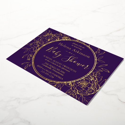 Invitation En Aluminium Purple & Gold Moderne Peony Toile Baby shower (Rotation)